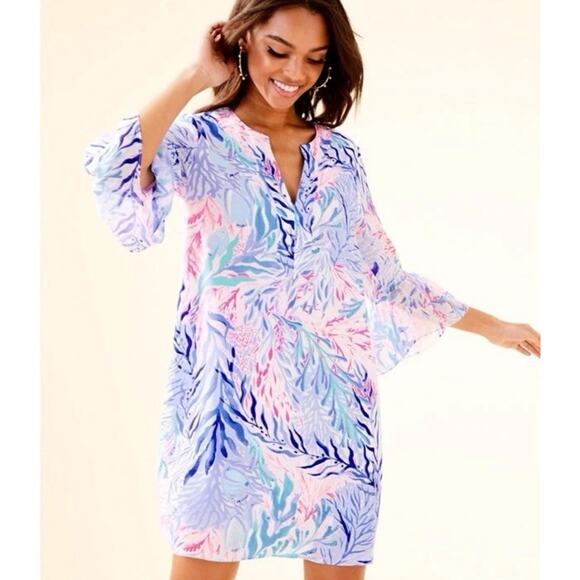 Lilly Pulitzer Dresses & Skirts - Lilly Pulitzer Elenora Silk Dress Kaleidoscope Coral Bell Sleeve S